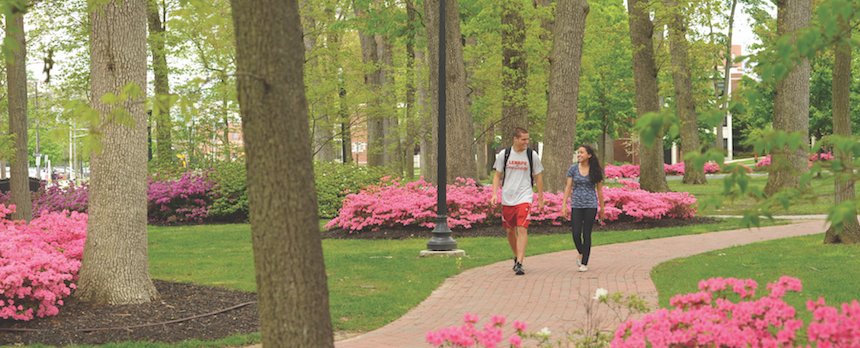 Two Rowan students walking on campus
