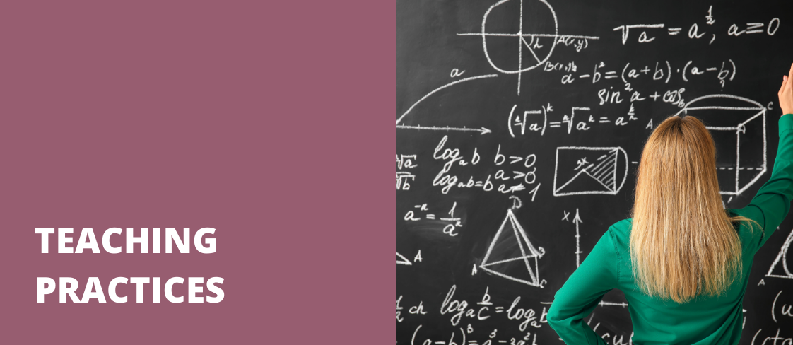 picture of a white woman teacher with blond hair writing complex equations on a chalkboard