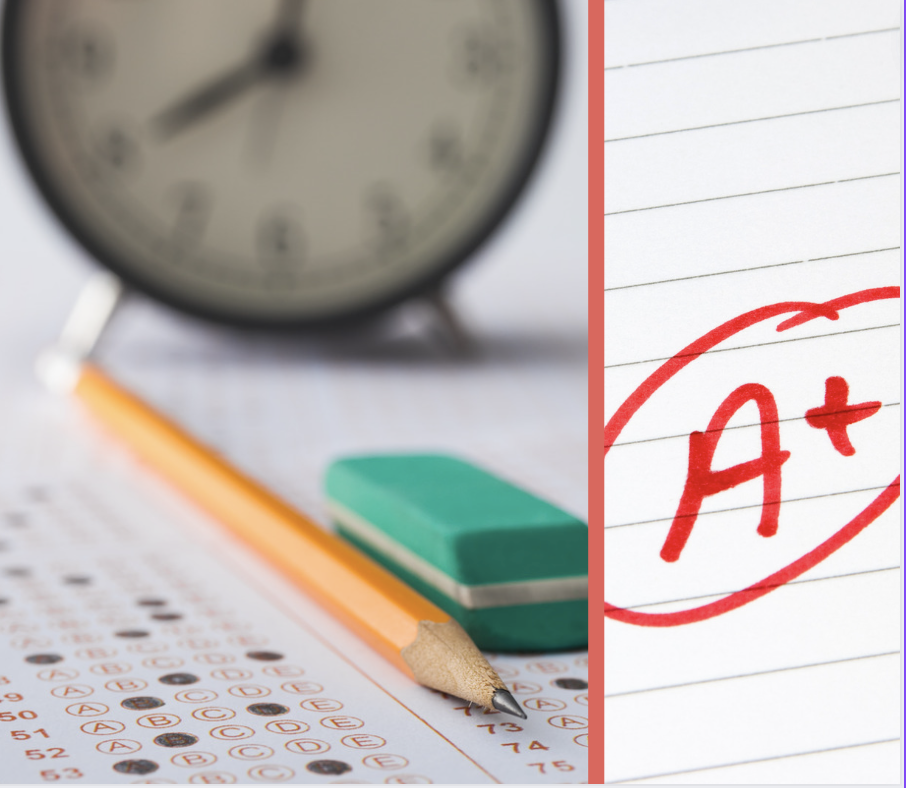 two images, one features a scantron form for exams, they other shows a handwritten A+ on a sheet of lined paper