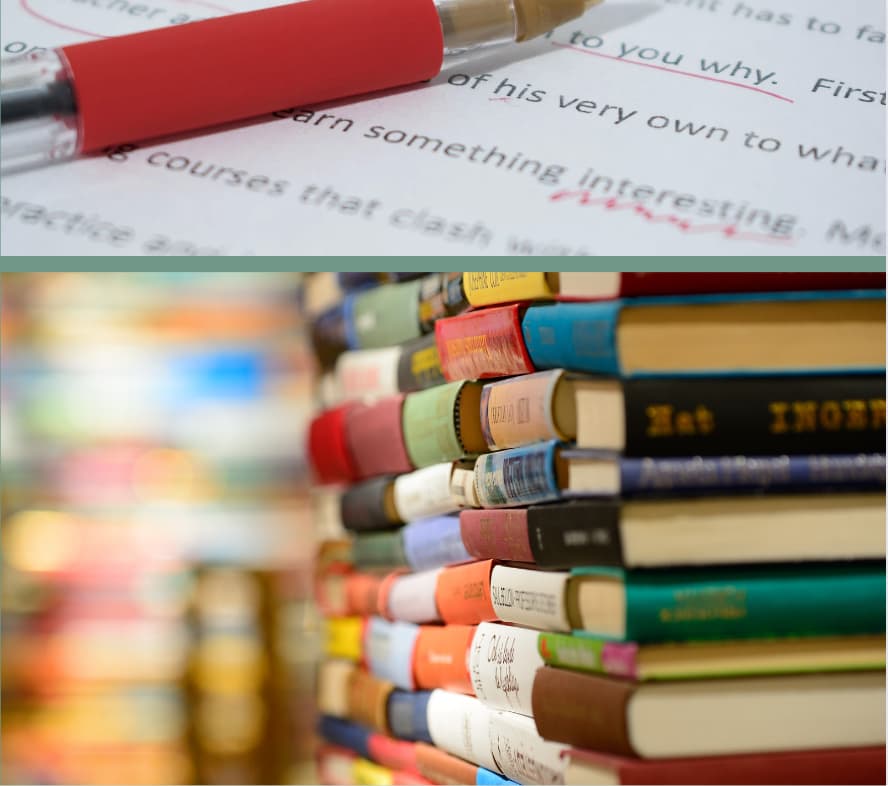 two images stacked vertically. first is an close up of a pen resting on a printed student essay, the other is a stack of books of many colors.