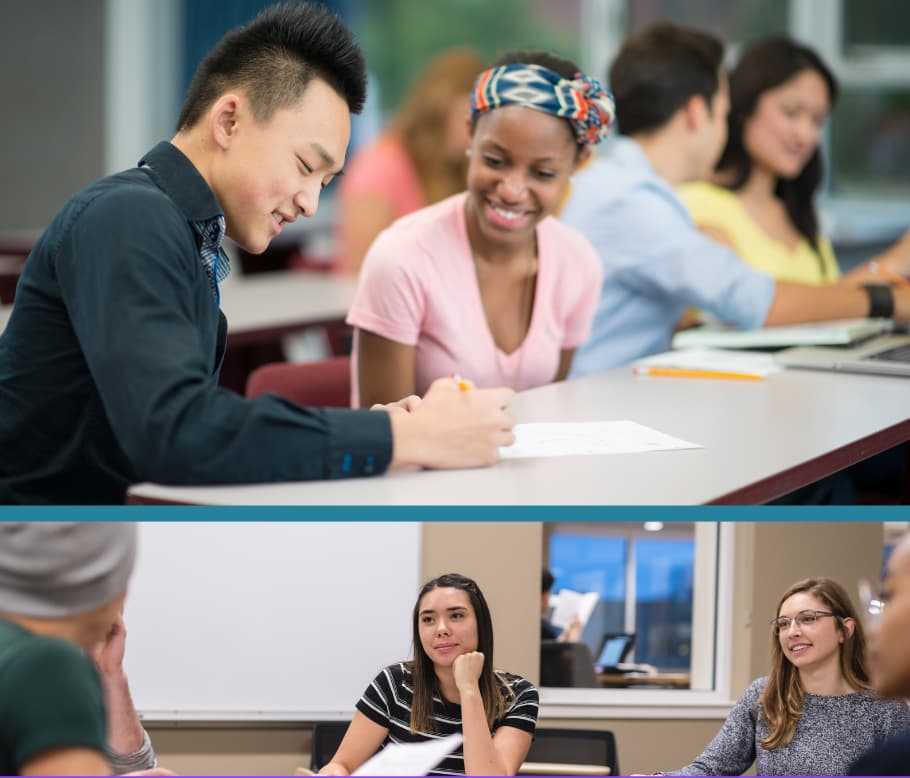 two images of racially diverse college-aged students in collaborative learning poses