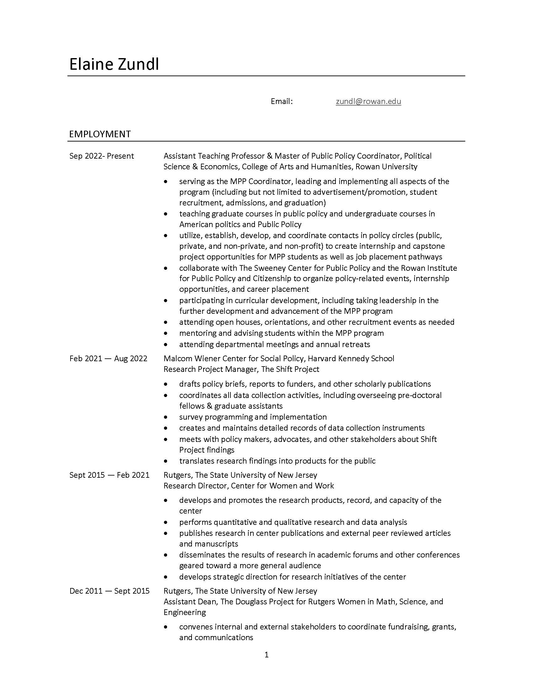 Elaine Zundl CV Page 1