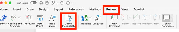 Microsoft Word review tab highlighting the check accessibility feature
