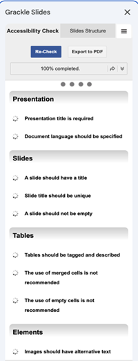 Grackle accessibility scan appears in a pop-up panel