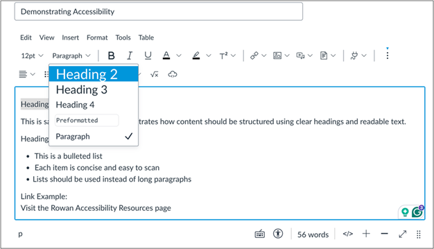 In Canvas, access headings in the dropdown menu label "Paragraph"