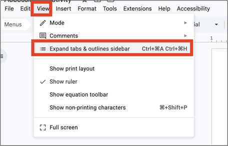 Access document outline in view tab on Google Docs