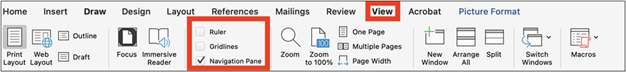 Navigation Pane from View Tab to Display Outline of Document