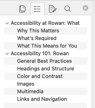 Navigation pane displays outline of document based on formatted headings
