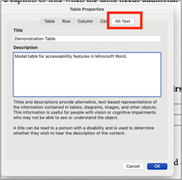 Alt text for tables provides a concise summary of a table's purpose and key data
