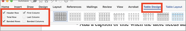 Table design tab in MS Word