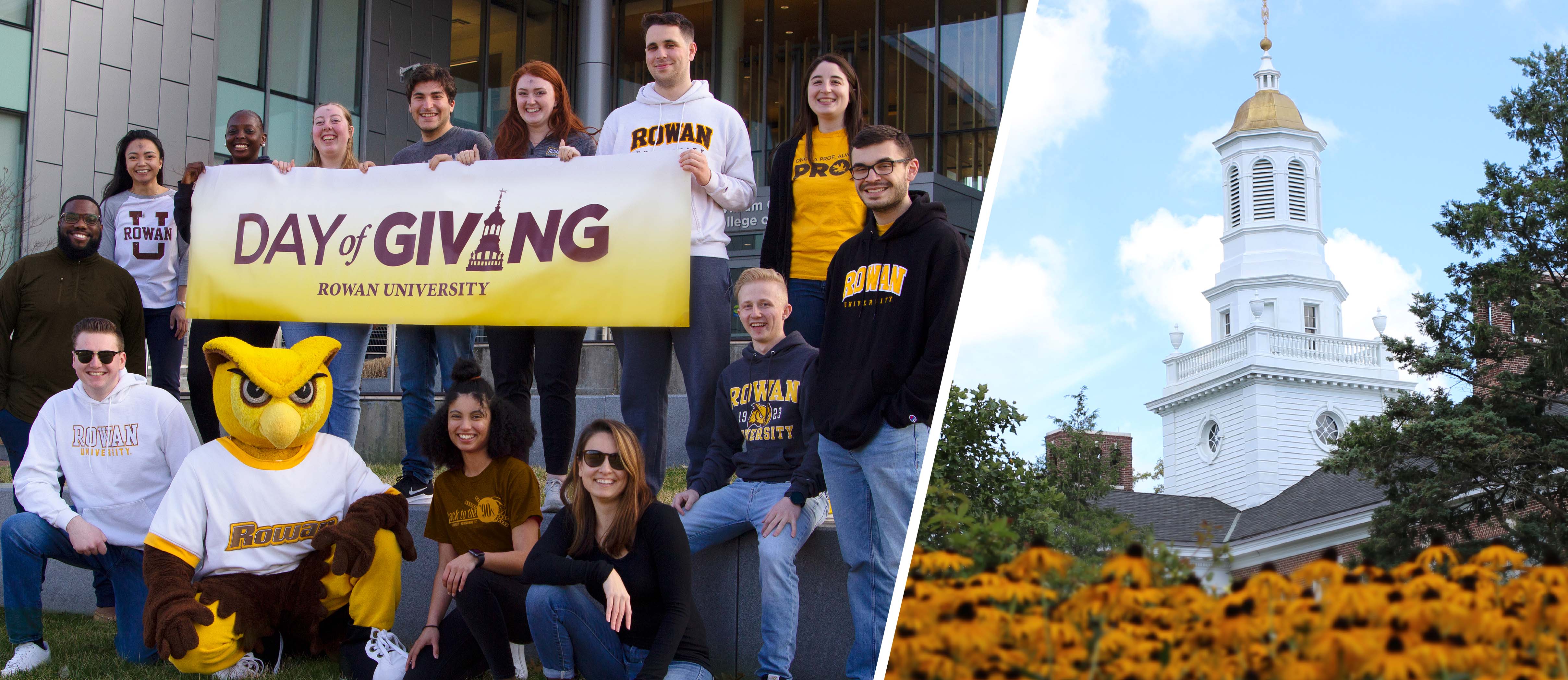 Photo of students and staff with Day of Giving Banner (left). Photo of Bunce Hall with yellow flowers (right)