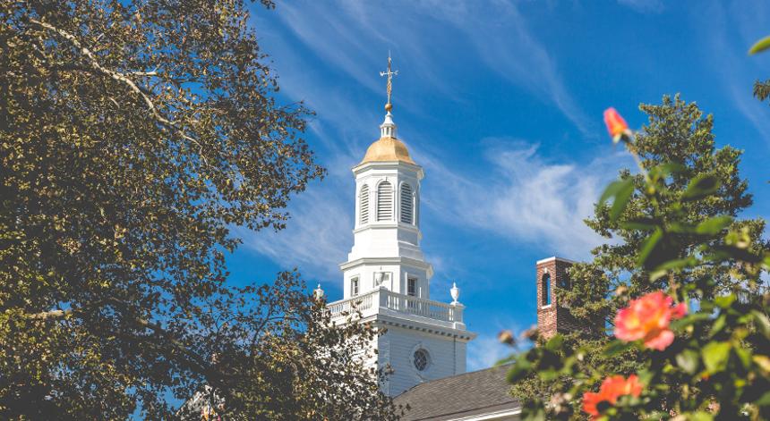 A close up of the top of Rowan University's Bunce Hall.