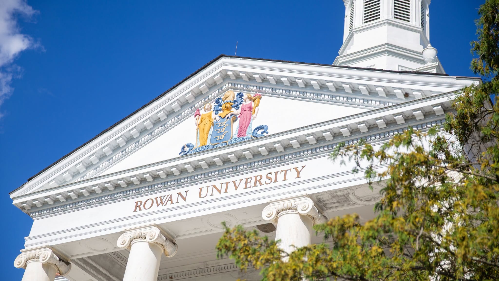 A close up of Bunce Hall that says 'Rowan University".