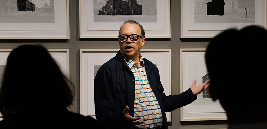 Wendel White speaking at Folding Time exhibition reception