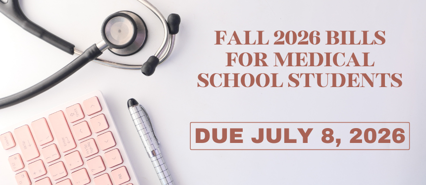 Zoomed in vantage point of stethoscope, pen, and keyboard with text indicating Medical School due date for Fall 2026 as July 8, 2026.