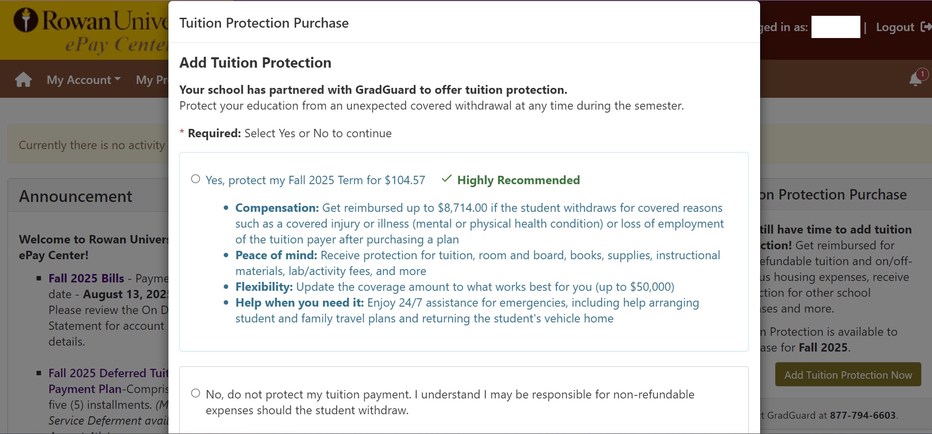 Tuition Protection Purchase Option