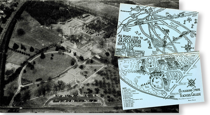 aerial campus shot and map