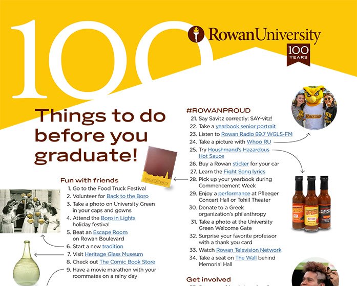 Rowan University Centennial logo; 100 Things to Do Before You Graduate!; Images related to the list of items.