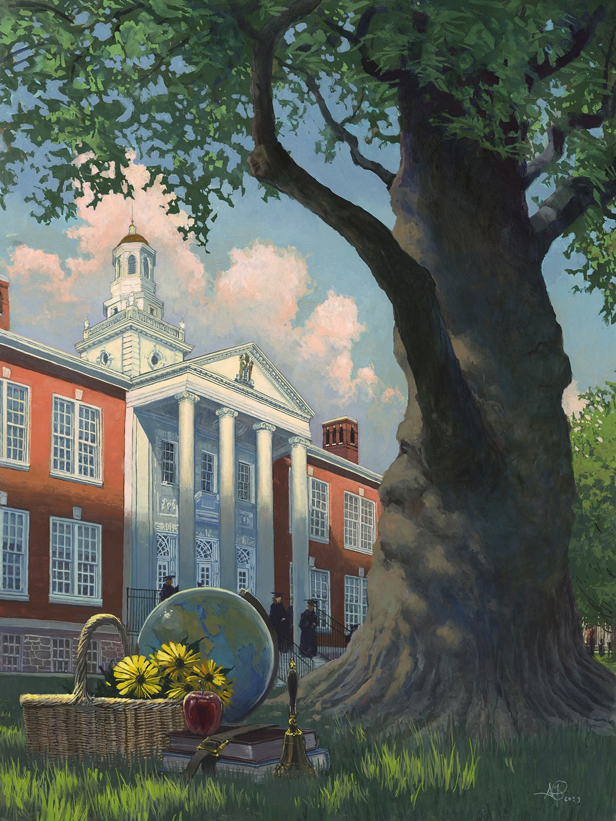Centurial: painting reprint of Bunce Hall with graduates in the background and a basket with Brown-Eyed Susans, an apple, books, a globe and a bell under a tree.