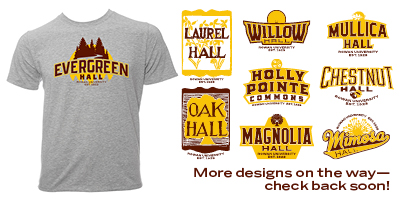Gray t-shirts with designs for Chestnut, Evergreen, Laurel, Magnolia, Mimosa, Mullica, Oak and Willow halls and Holly Pointe Commons.