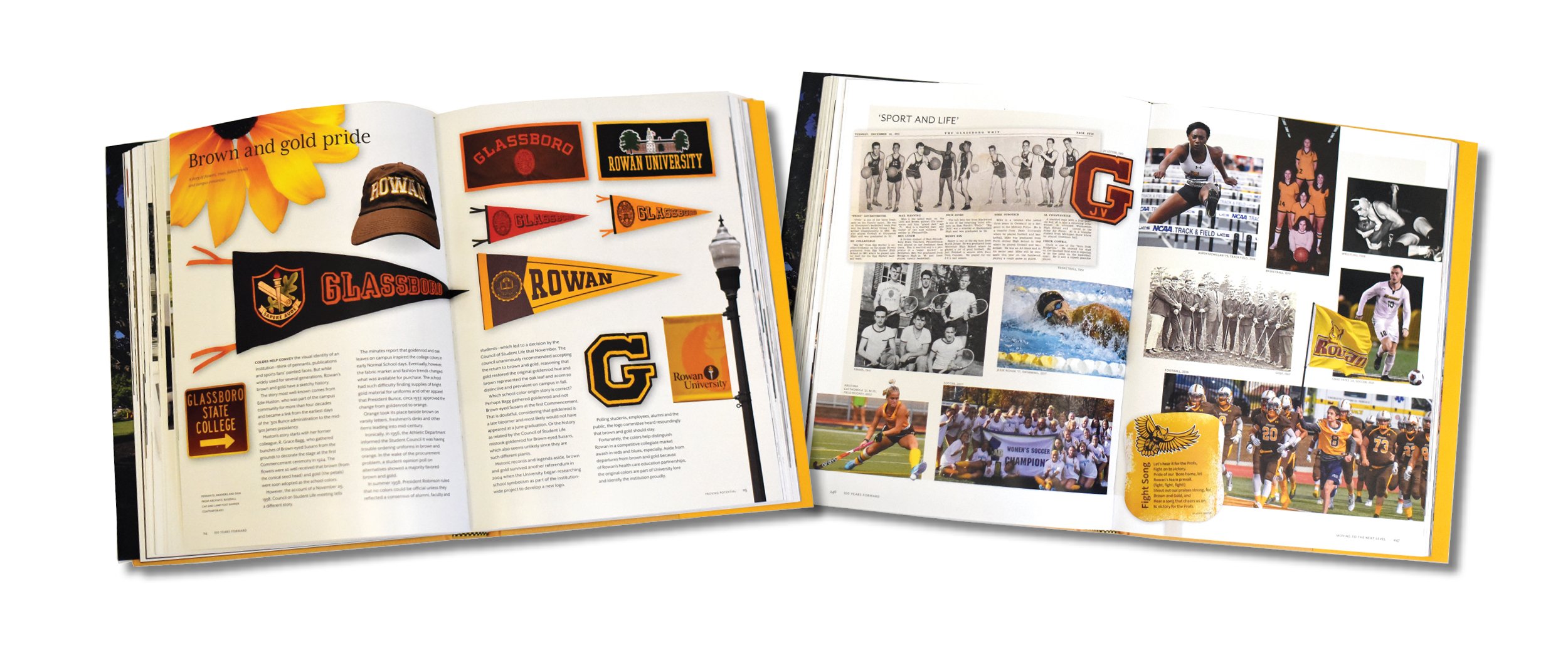 Scans of pages from "100 Years Forward: The History of Rowan University": Brown and gold pride and Athletics spreads