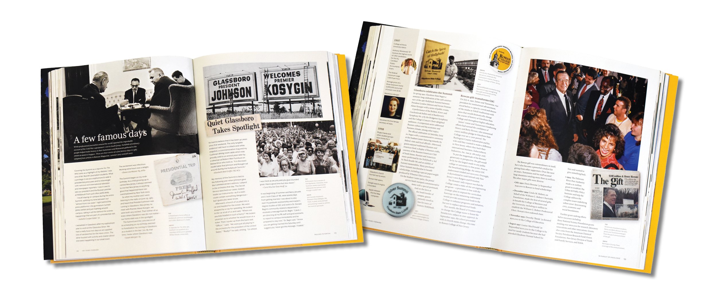 Scans of pages from "100 Years Forward: The History of Rowan University": Summit at Hollybush and Rowan gift spreads