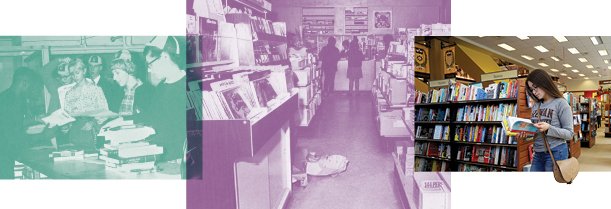Photos of students buying textbooks from 1969 to today.