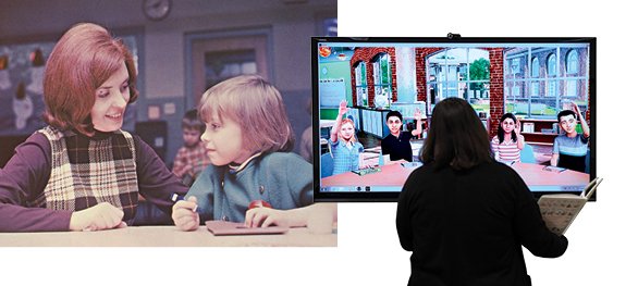 A photo of student teaching from 1969 and a photo of a virtual classroom of child avatars from 2019.