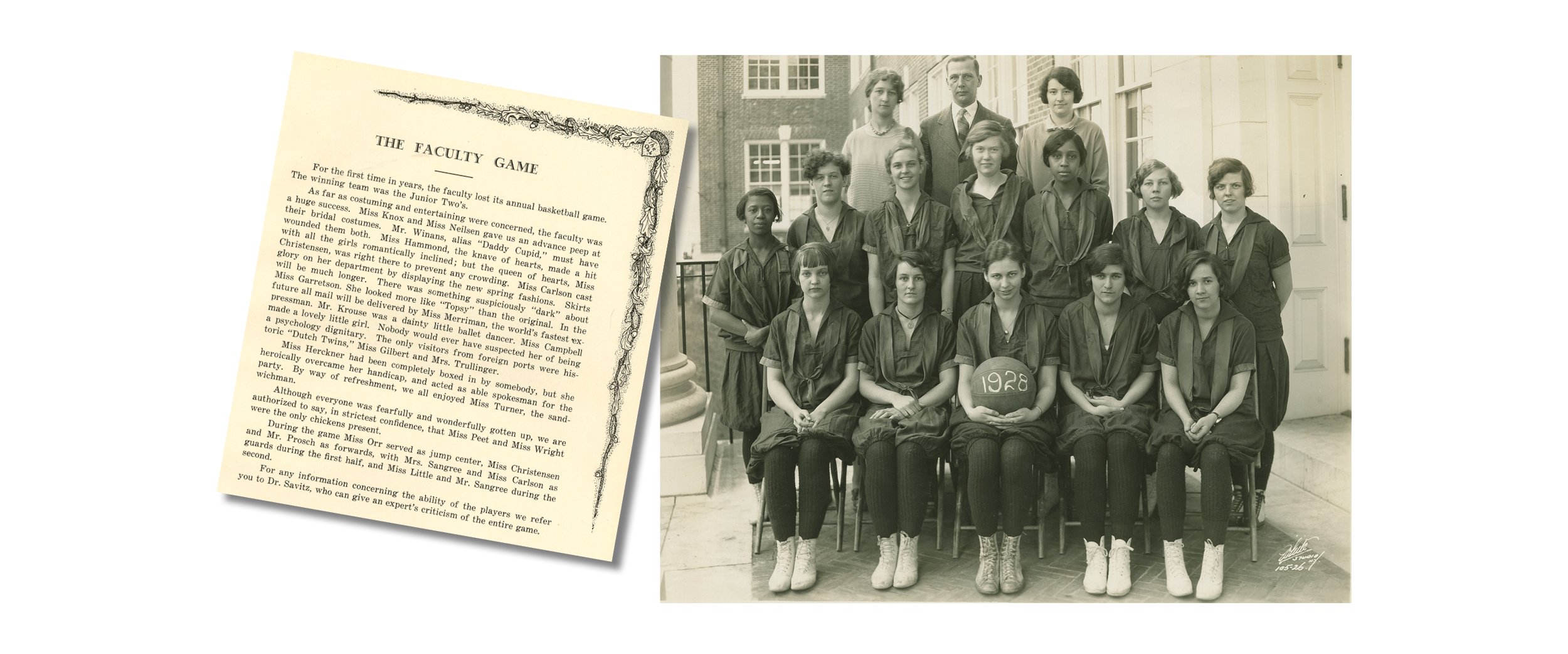 Image of the 1928 women's basketball team with a note about the student-faculty game.