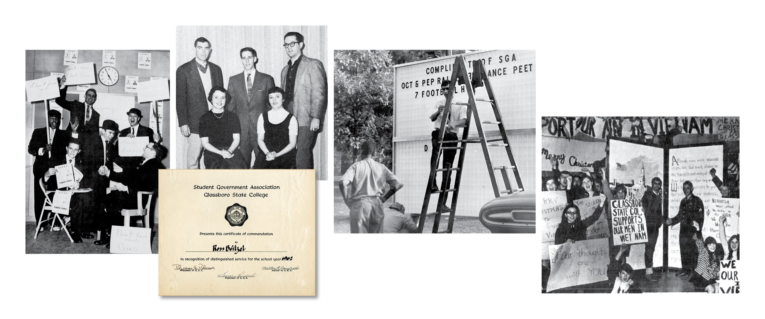 Photos from the Glassboro State College Student Government Association and a certificate of commendation to Ross Beitzel in 1962.