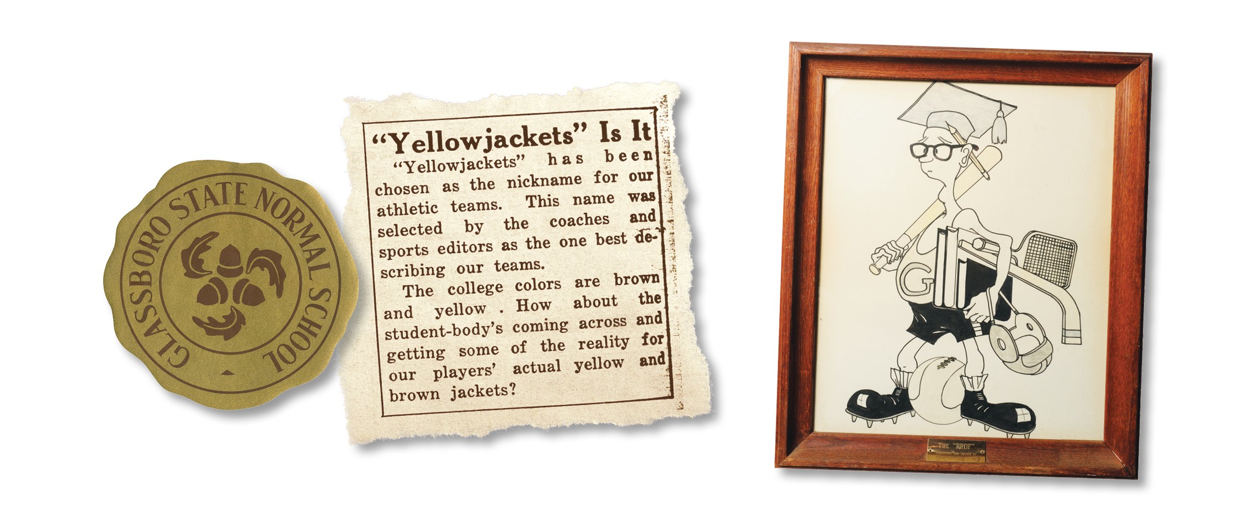 Early uses of brown and gold school colors at Glassboro Normal School; a newspaper clipping about the yellowjackets and a drawing of "The Prof."