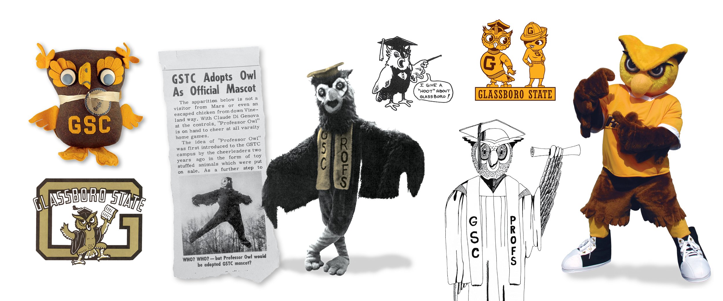 Newspaper clipping announcing Glassboro State Teachers College choosing an owl as the official mascot and drawings of different owls and mascot costumes through the years.