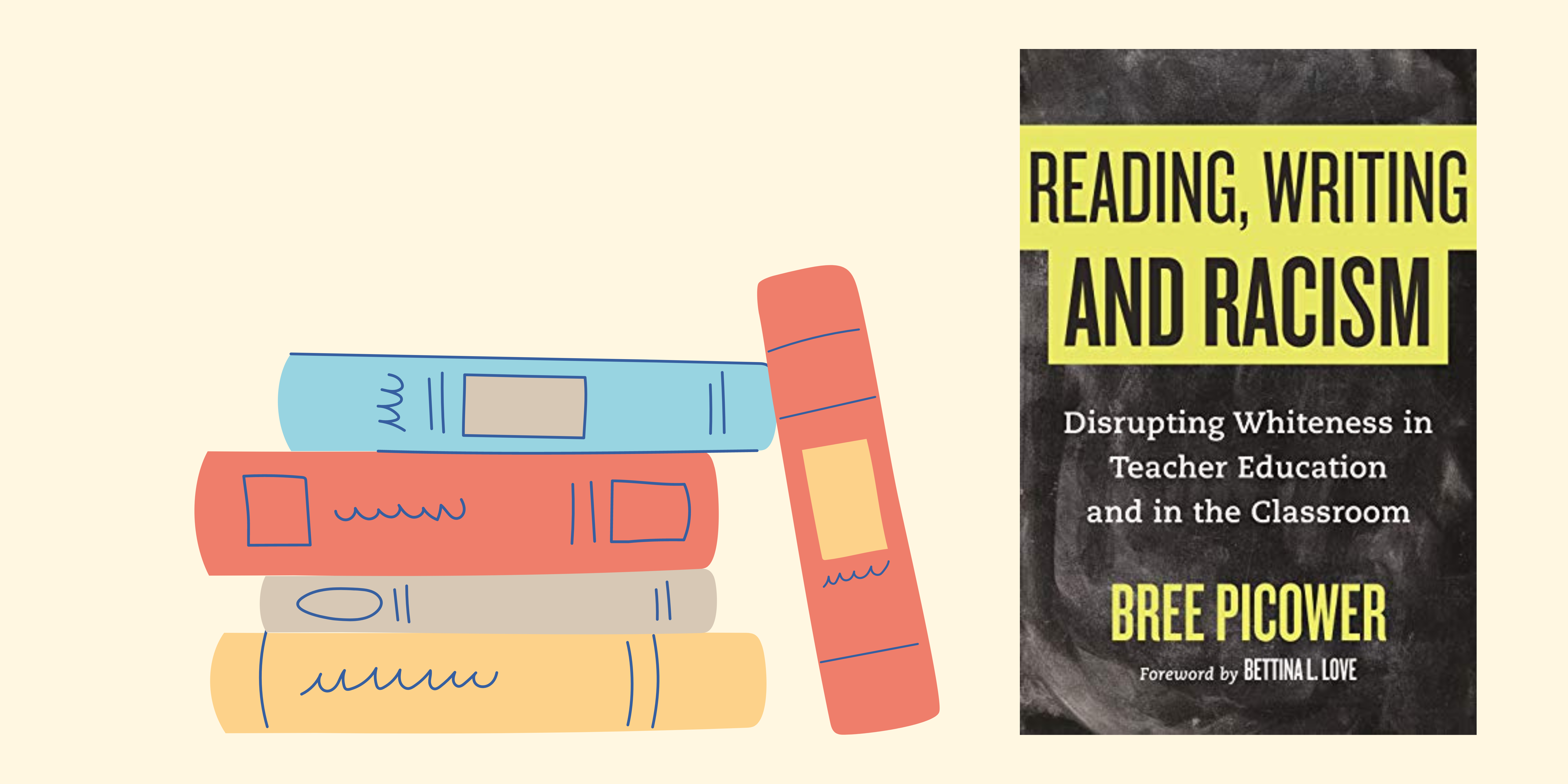 DEI Book study banner with tan background and a stack of books