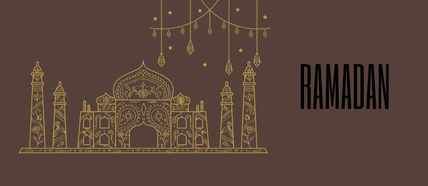 brown background with gold mosque and text, 'ramadan' 