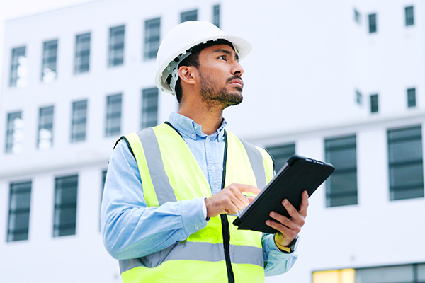 construction manager on tablet with building behind