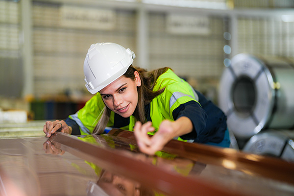 Construction worker inspecting sheet metal