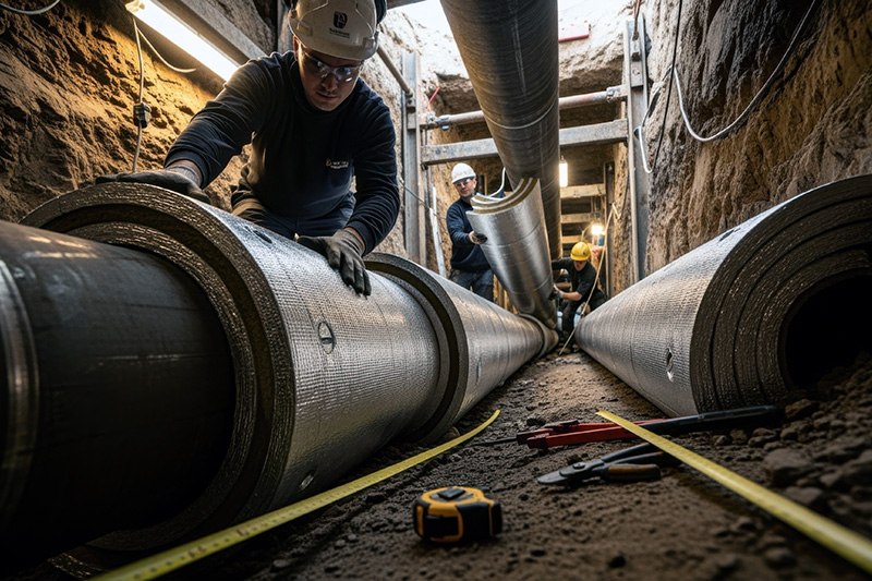workers in hardhats wrapping underground pipes with insulation