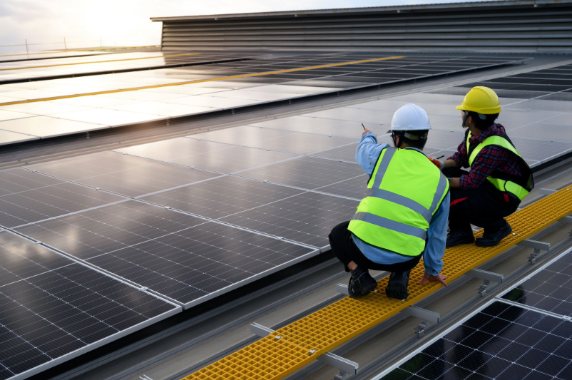 Electrical engineer wearing protective gear, working on large electrical panel.