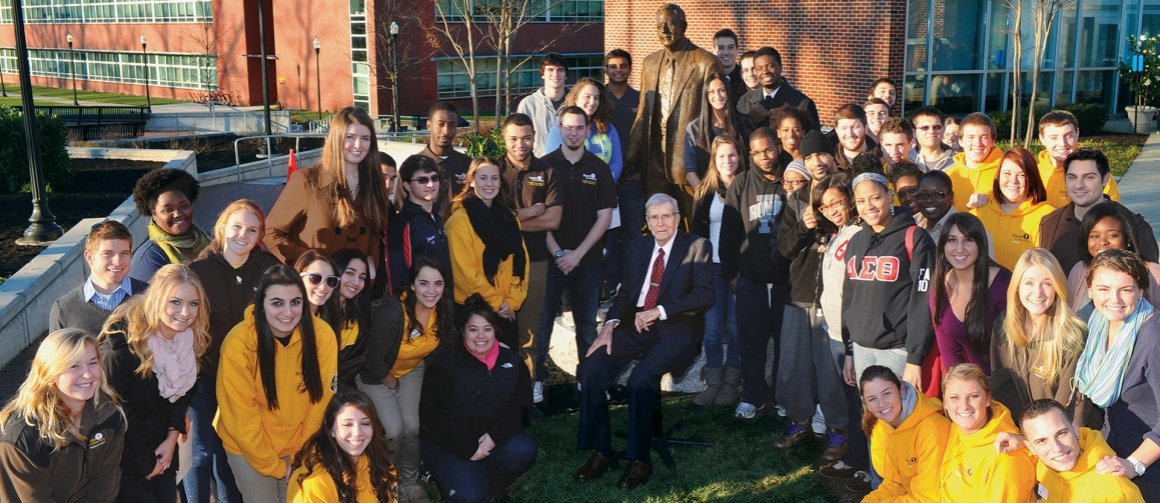 In December 2012, students surrounded Mr. Rowan at the campus unveiling of the sculpture cast in his image.