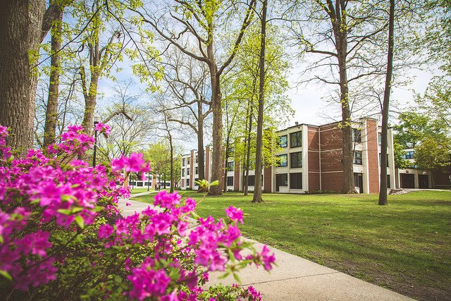 Rowan University Evergreen Hall outdoors in spring