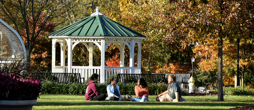 A group of four people sits on grass in front of a white gazebo with a green roof, surrounded by vibrant autumn trees, under a clear sky.