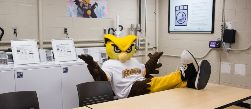 A mascot with a yellow owl head and brown wings, wearing a white and yellow outfit, relaxes with legs on a table in a laundry room, exuding a playful vibe.