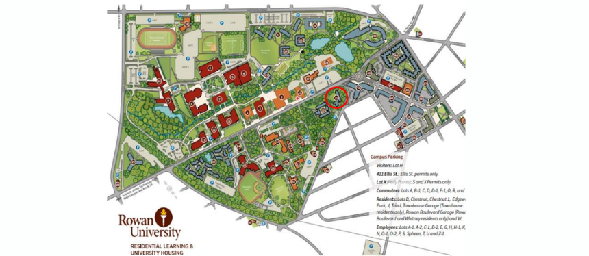 Mullica Hall location on the Rowan University Main Campus Map