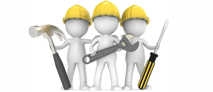 Three cartoon figures wearing yellow hard hats stand together, smiling. Each holds a tool: a hammer, a wrench, and a screwdriver, suggesting teamwork.
