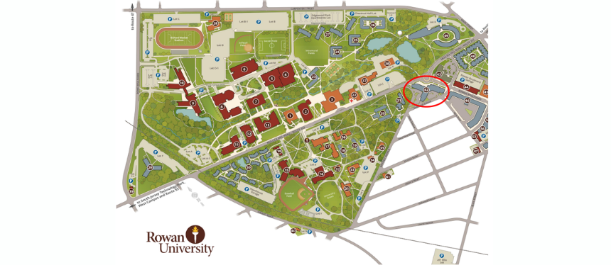 Whitney Center location shown on Rowan University's main campus map