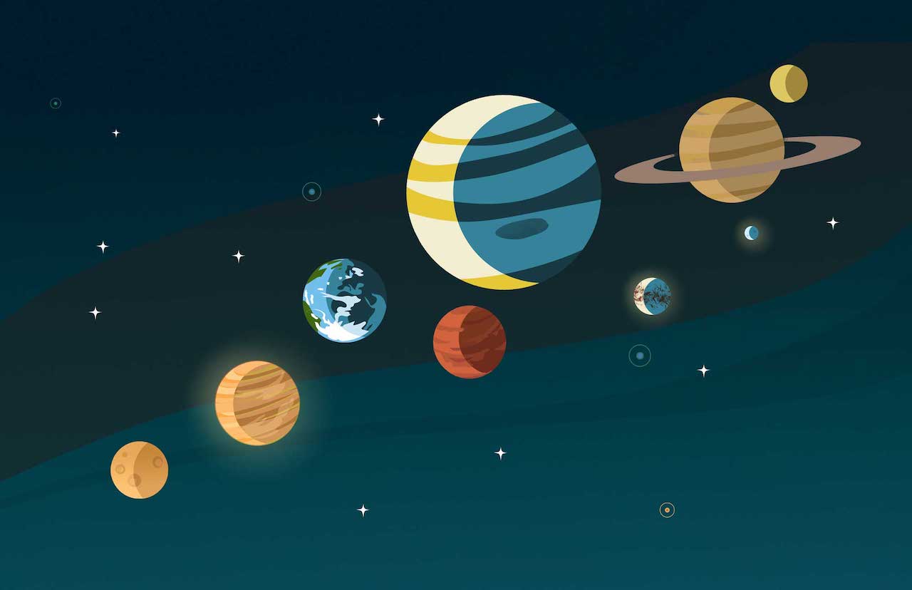 A stylized view of the solar system.