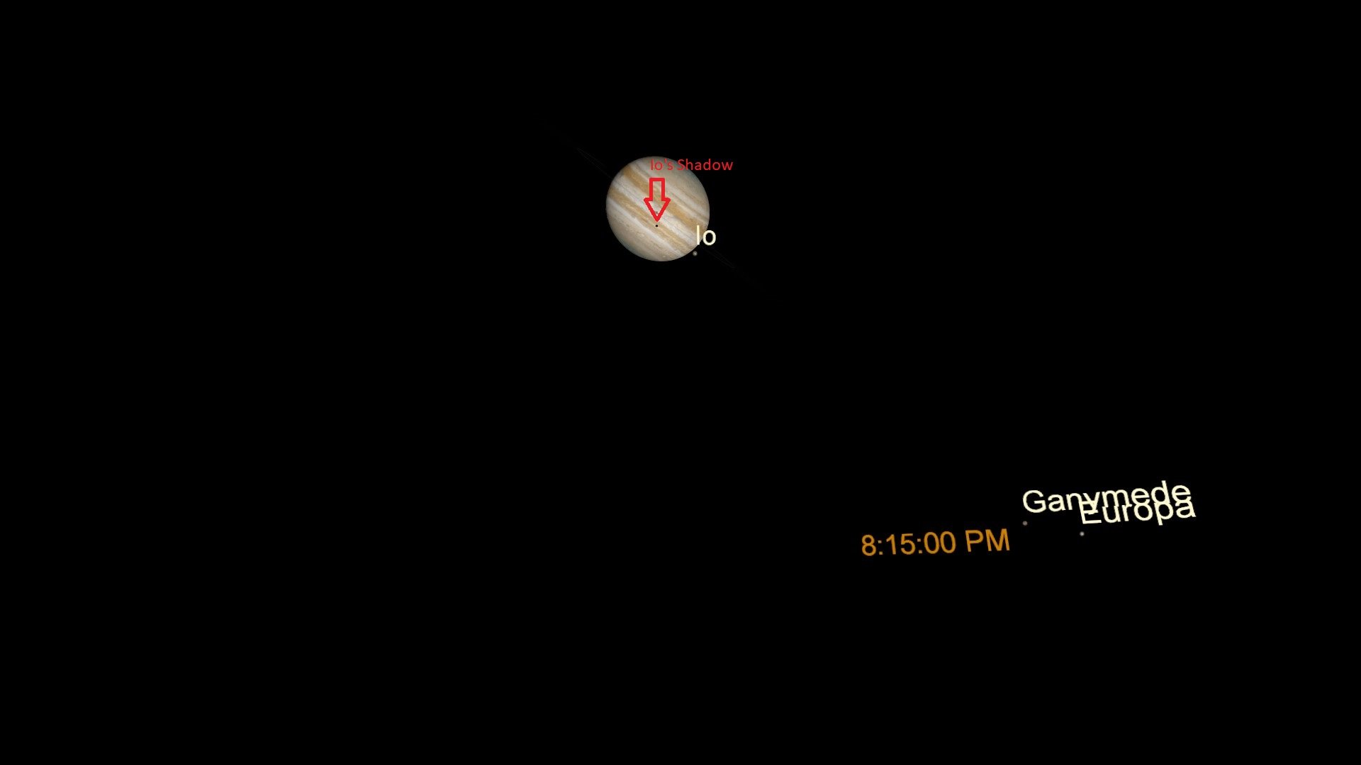 Jupiter and three of its moons seen through a telescope. A red arrow points to the tiny black dot of Io's shadow near the middle of the planet disc.