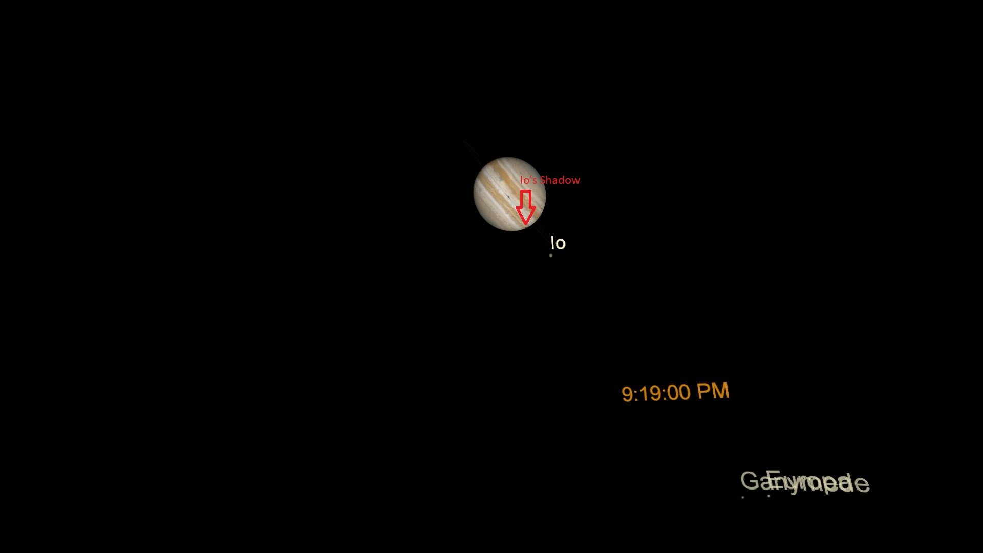 Jupiter and three of its moons as seen through a telescope. A red arrow marks the location of Io's shadow on the right edge of the planet's disc.