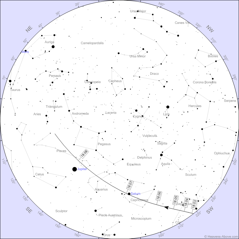 A night sky chart showing the path of the ISS as it passes overhead on November 17.