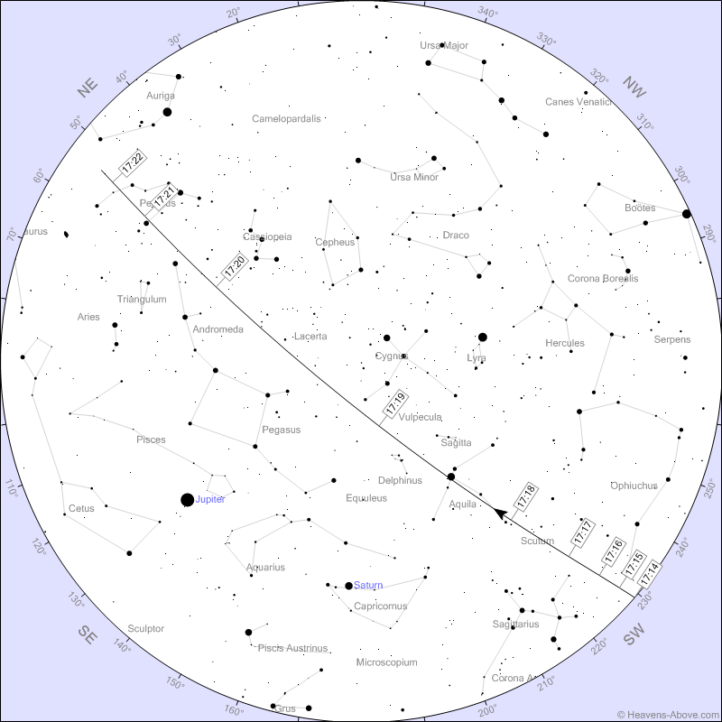 A night sky chart showing the path of the ISS as it passes overhead on November 20.
